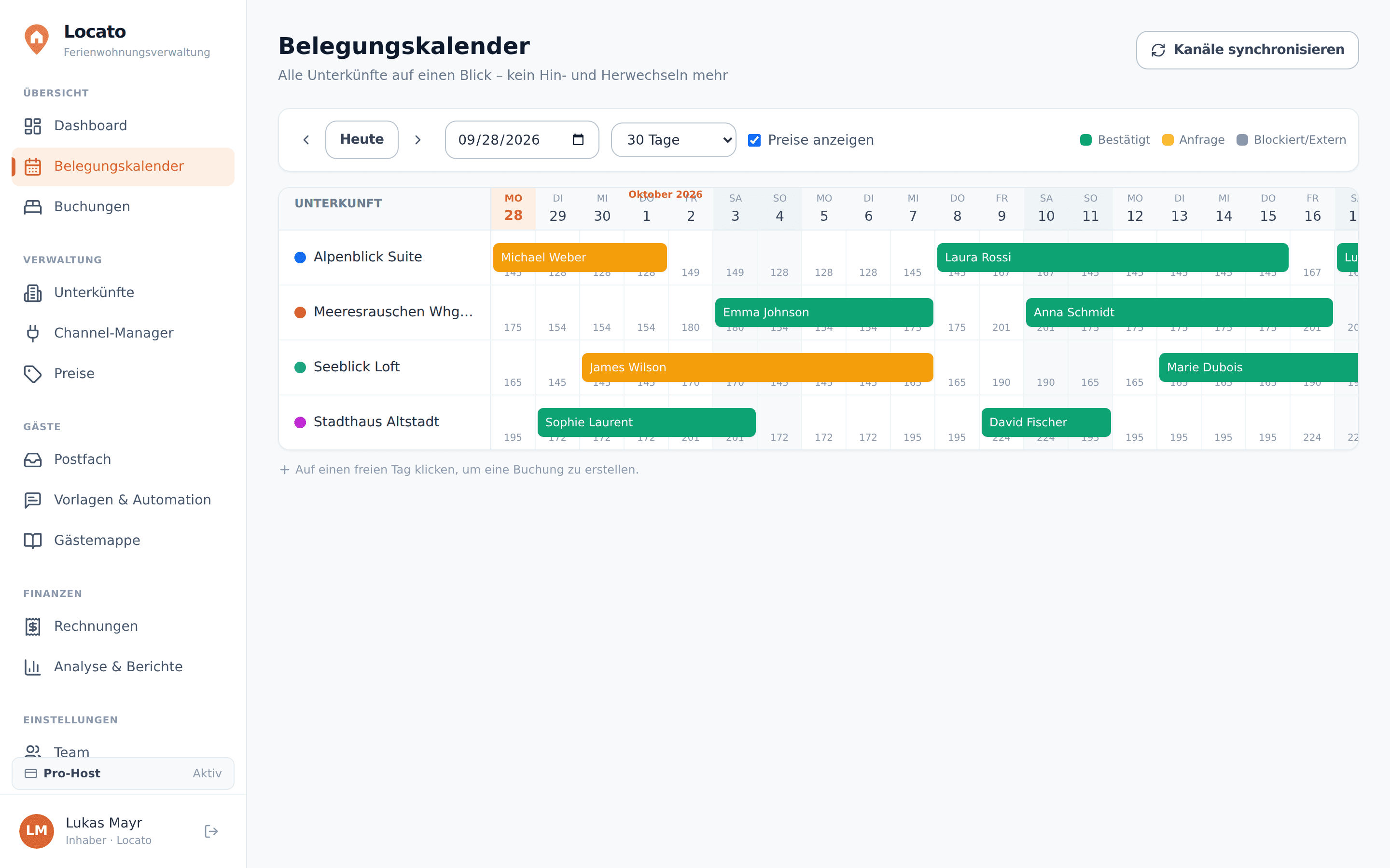 Belegungskalender von Locato Ferienwohnung mit allen Kanälen